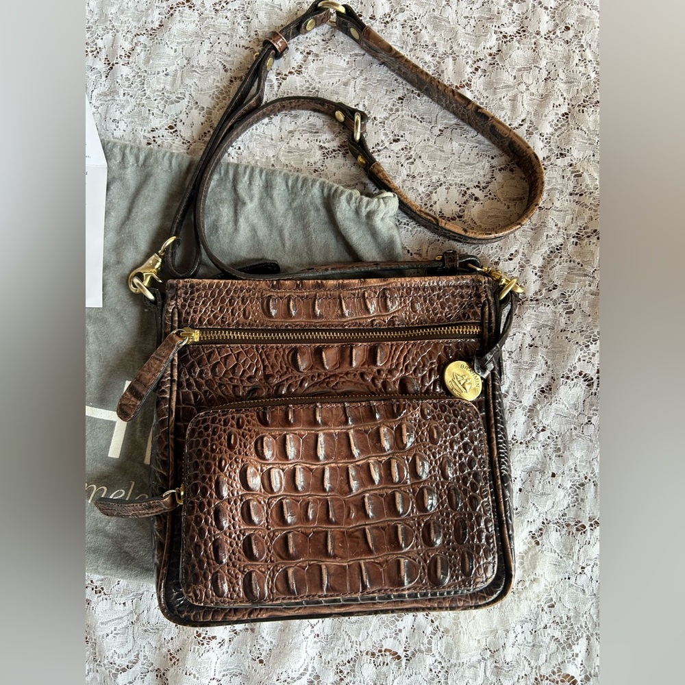 Brahmin Cleo Cocoa Brown Melbourne Croc-Embossed Crossbody Purse - Picture 3 of 9